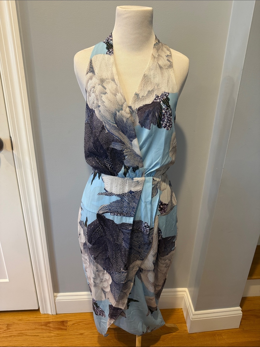 Sky Blue Floral Wrap Midi Dress with Waist Tie